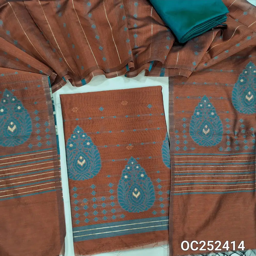 Honey Brown jamdani woven fancy silk cotton unstitched salwar material, thread woven design on daman(lining needed) thread, zari buttas on front, turquoise green cotton bottom, jamdani woven fancy silk cotton dupatta with tassels. OC252414