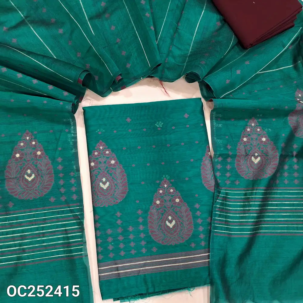 Turquoise Green jamdani woven fancy silk cotton unstitched salwar material, thread woven design on daman(lining needed) thread, zari buttas on front, maroon cotton bottom, jamdani woven fancy silk cotton dupatta with tassels. OC252415