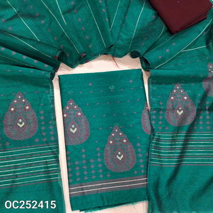 Turquoise Green jamdani woven fancy silk cotton unstitched salwar material, thread woven design on daman(lining needed) thread, zari buttas on front, maroon cotton bottom, jamdani woven fancy silk cotton dupatta with tassels. OC252415