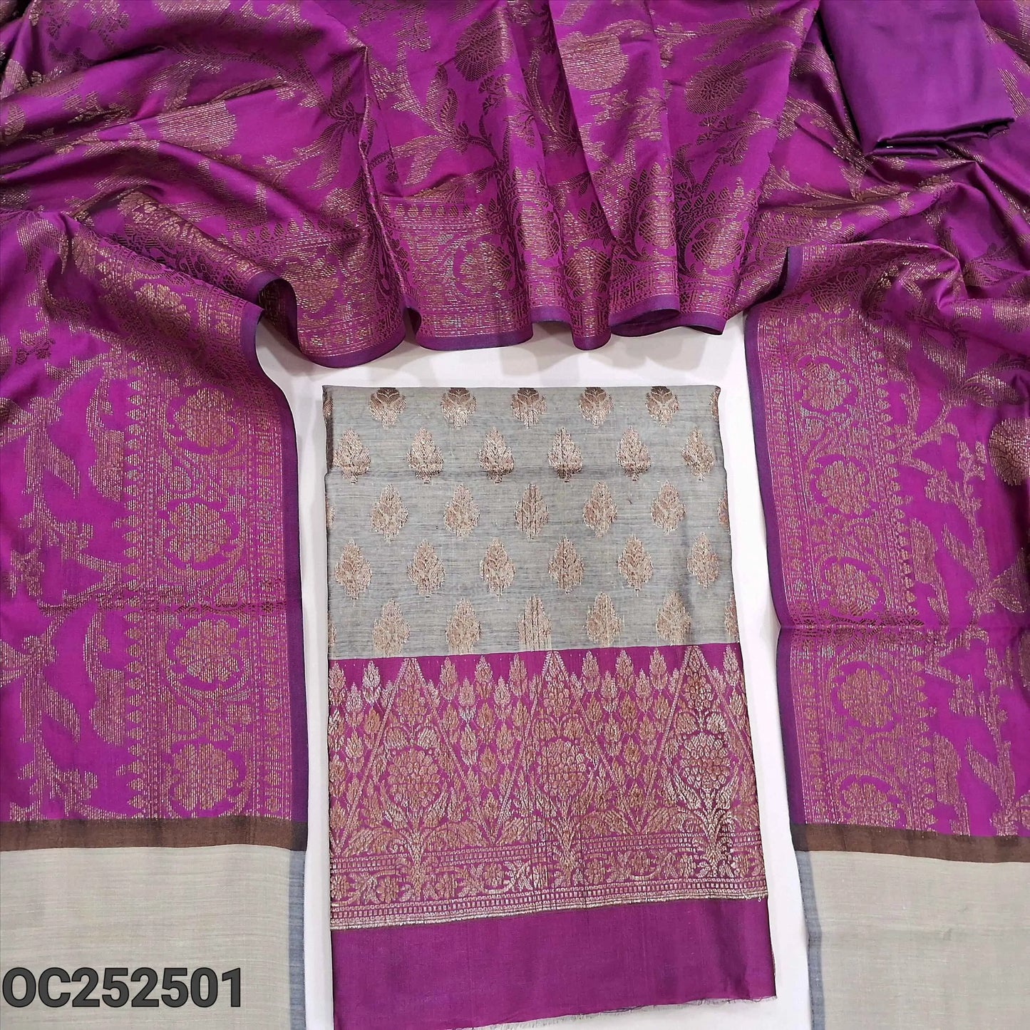 Dark Beige with rani pink benarasi silk cotton unstitched salwar material, rich antique zari weaving all over (Lining Needed) rani pink silk cotton Bottom, Benarasi Zari Woven Dual Shaded Dupatta. OC252501