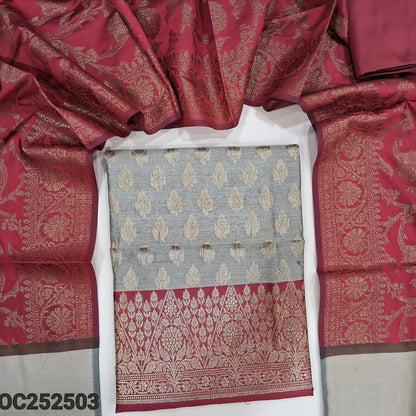 Dark Beige with Maroon benarasi silk cotton unstitched salwar material, rich antique zari weaving all over (Lining Needed) maroon silk cotton Bottom, Benarasi Zari Woven Dual Shaded Dupatta. OC252503
