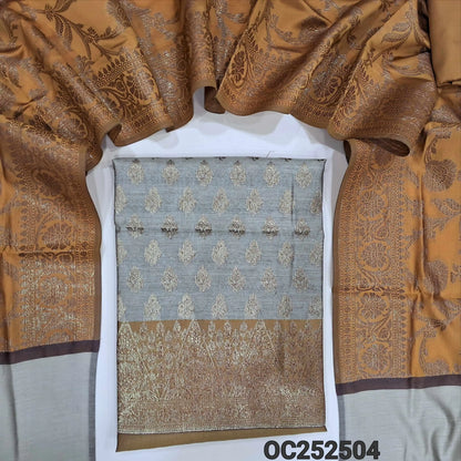 Dark Beige with Mehandhi yellow benarasi silk cotton unstitched salwar material, rich antique zari weaving all over (Lining Needed) mehandhi yellow silk cotton Bottom, Benarasi Zari Woven Dual Shaded Dupatta. OC252504