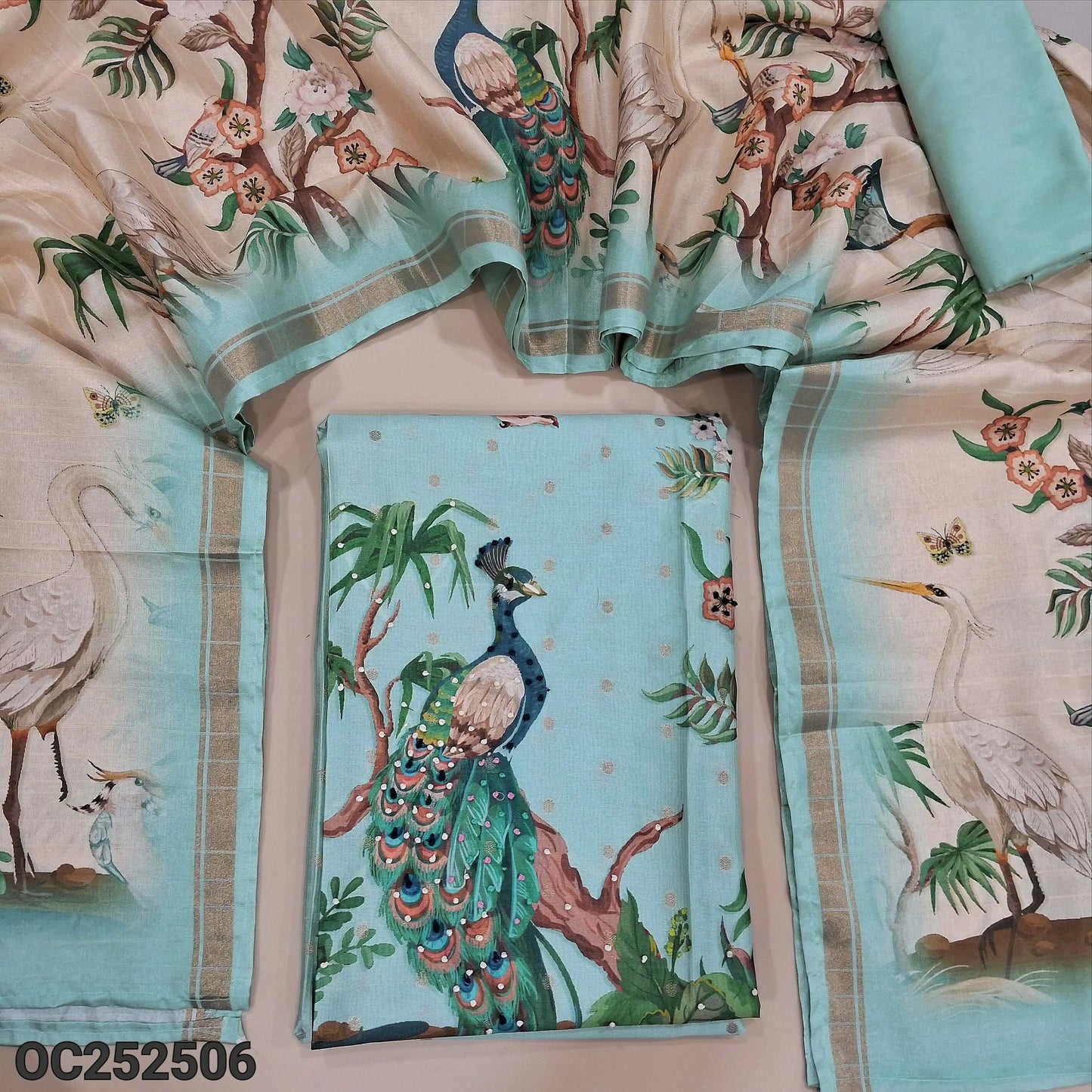 Pastel Blue fancy silk cotton unstitched salwar material,(thin, lining needed) digital print, hand embroidery work on daman, matching santoon bottom, dual shaded digital printed silk cotton full length dupatta. OC252506