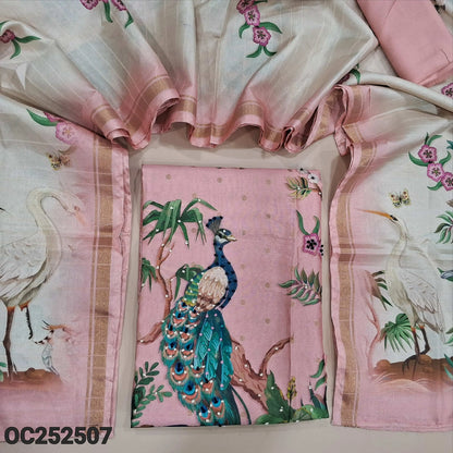 Pastel Pink fancy silk cotton unstitched salwar material,(thin, lining needed) digital print, hand embroidery work on daman, matching santoon bottom, dual shaded digital printed silk cotton full length dupatta. OC252507