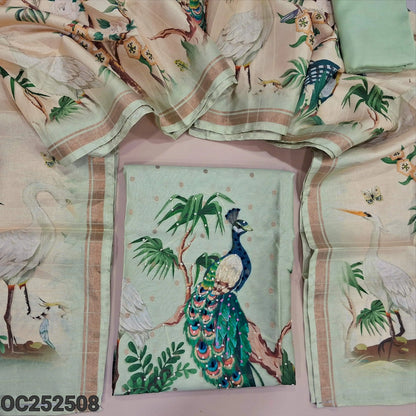Pastel Green fancy silk cotton unstitched salwar material,(thin, lining needed) digital print, hand embroidery work on daman, matching santoon bottom, dual shaded digital printed silk cotton full length dupatta. OC252508