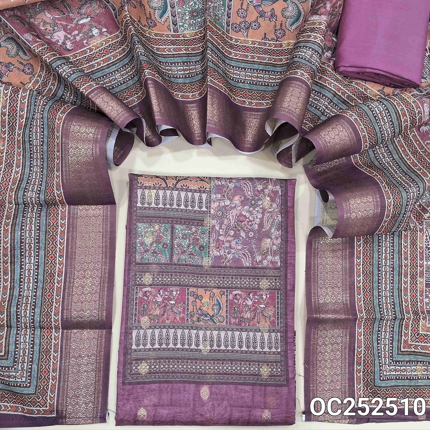 Digital printed Pink fancy silk cotton unstitched salwar material,(thin, lining needed) zari buttas on front, matching spun cotton bottom, digital printed silk cotton full length dupatta. OC252510