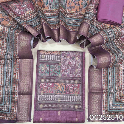 Digital printed Pink fancy silk cotton unstitched salwar material,(thin, lining needed) zari buttas on front, matching spun cotton bottom, digital printed silk cotton full length dupatta. OC252510