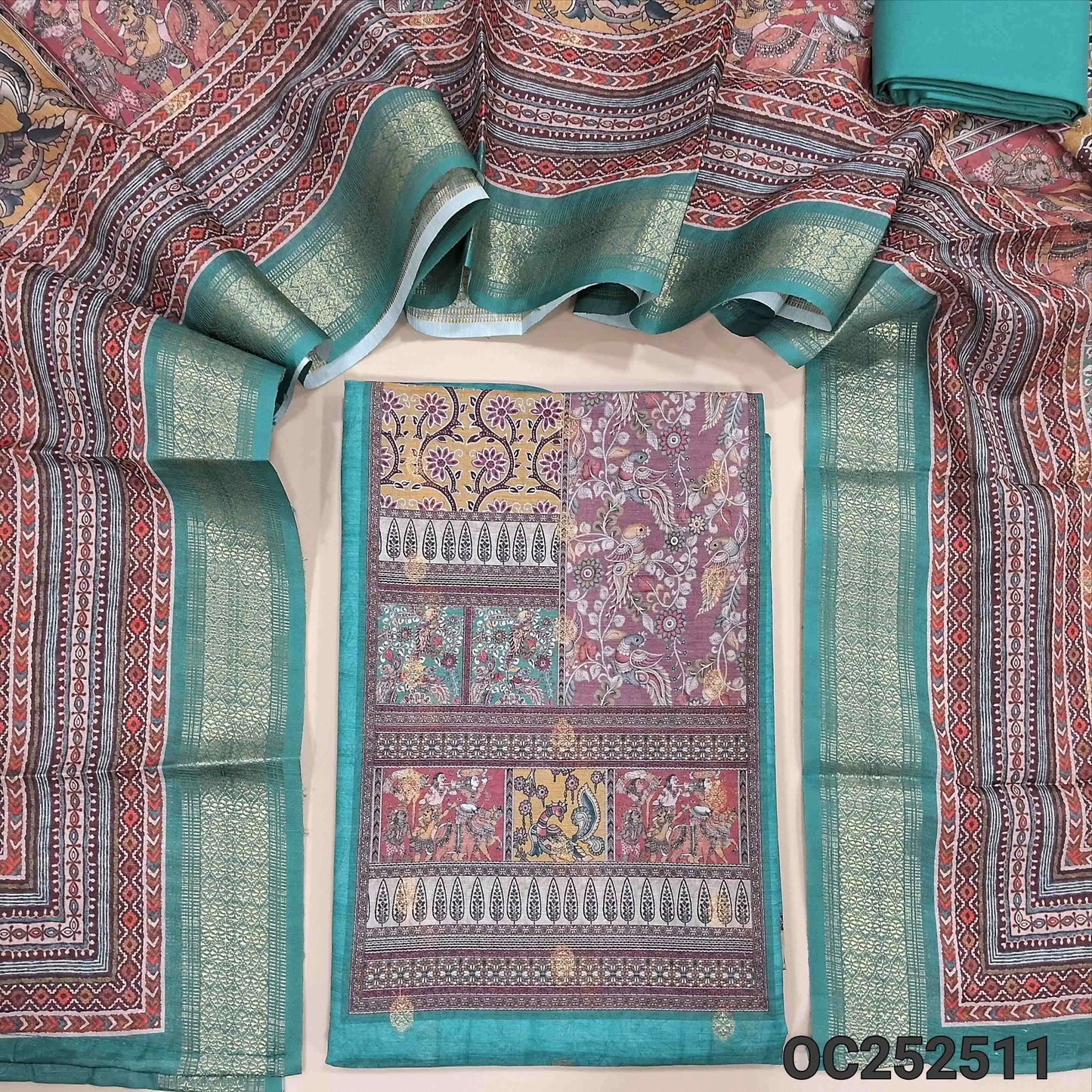 Digital printed light turquoise Blue fancy silk cotton unstitched salwar material,(thin, lining needed) zari buttas on front, matching spun cotton bottom, digital printed silk cotton full length dupatta. OC252511