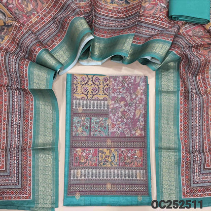 Digital printed light turquoise Blue fancy silk cotton unstitched salwar material,(thin, lining needed) zari buttas on front, matching spun cotton bottom, digital printed silk cotton full length dupatta. OC252511