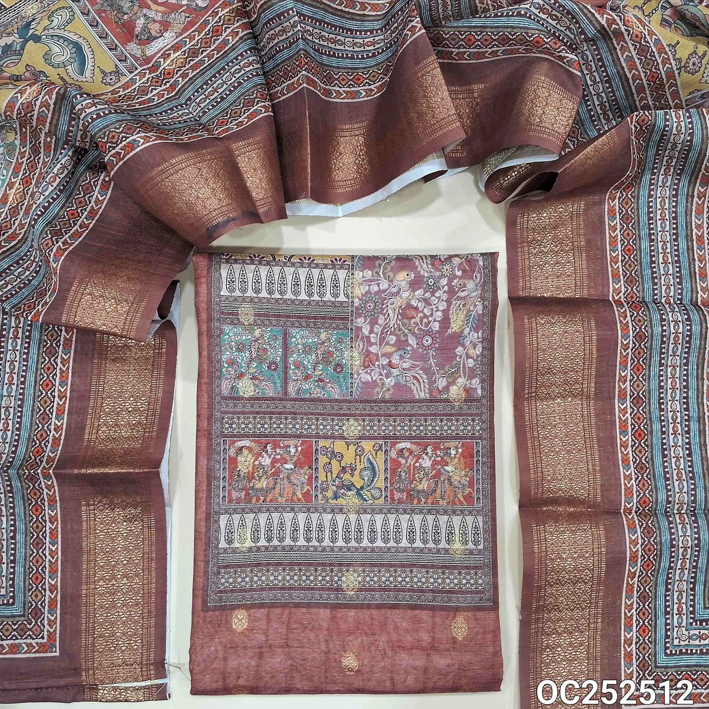 Digital printed onion Pink fancy silk cotton unstitched salwar material,(thin, lining needed) zari buttas on front, matching spun cotton bottom, digital printed silk cotton full length dupatta. OC252512