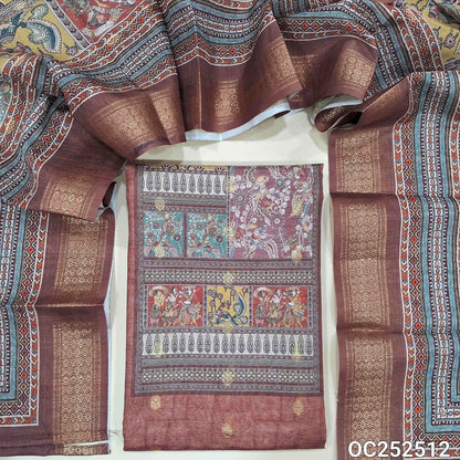 Digital printed onion Pink fancy silk cotton unstitched salwar material,(thin, lining needed) zari buttas on front, matching spun cotton bottom, digital printed silk cotton full length dupatta. OC252512