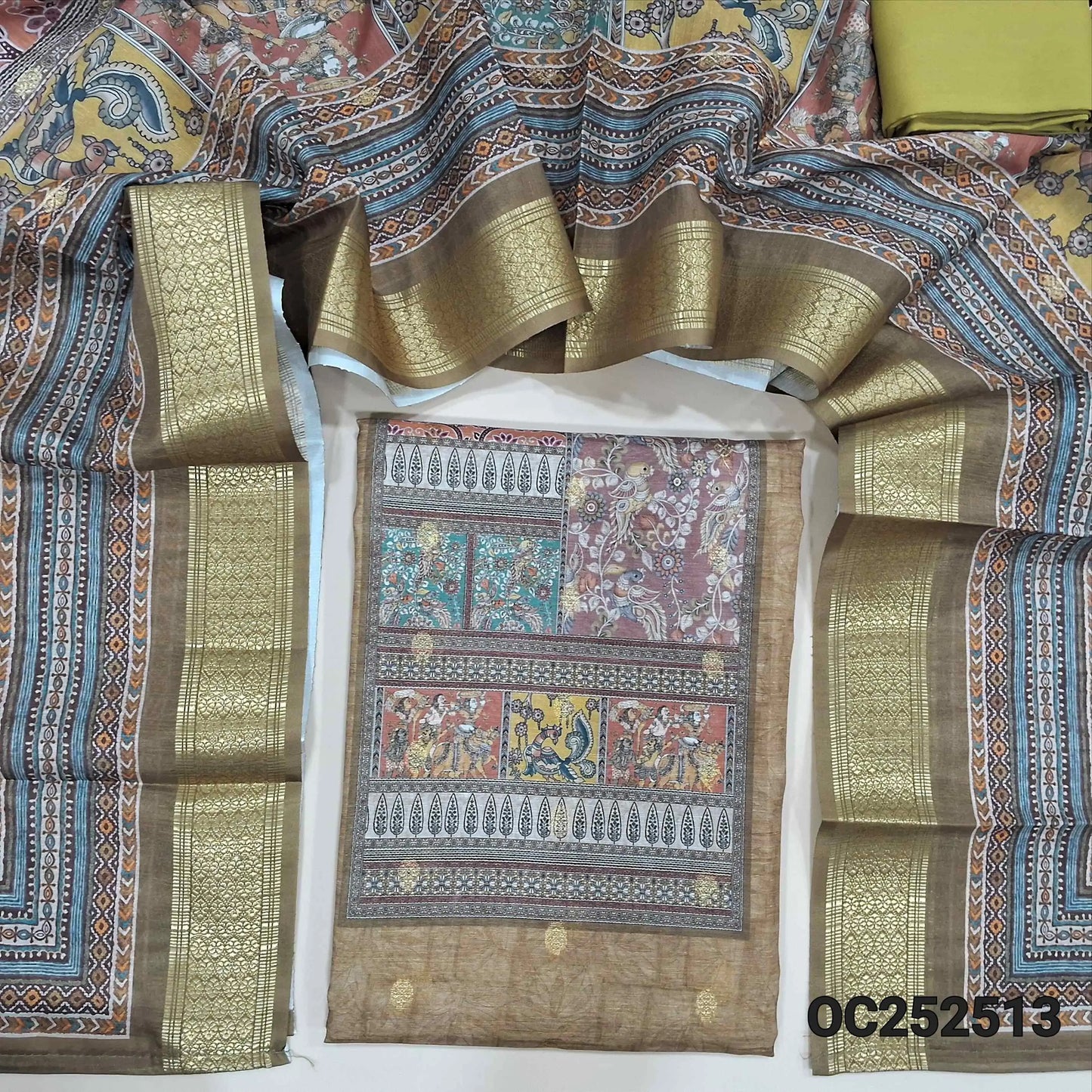 Digital printed olive Green fancy silk cotton unstitched salwar material,(thin, lining needed) zari buttas on front, matching spun cotton bottom, digital printed silk cotton full length dupatta. OC252513
