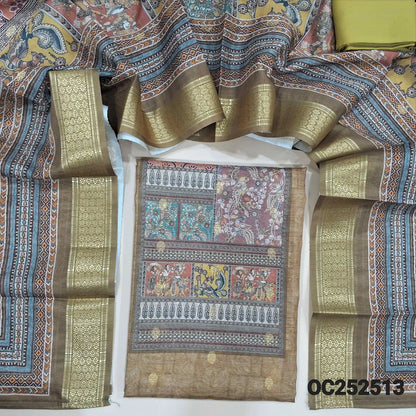 Digital printed olive Green fancy silk cotton unstitched salwar material,(thin, lining needed) zari buttas on front, matching spun cotton bottom, digital printed silk cotton full length dupatta. OC252513