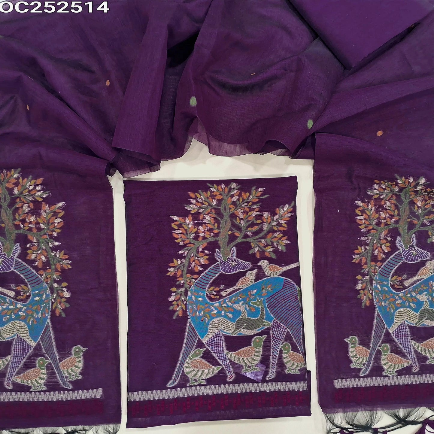 Purple jamdani woven premium silk cotton unstitched salwar material, deer design on front(thin, lining needed) matching silk cotton bottom, jamdani woven premium silk cotton full length dupatta with tassels. OC252514