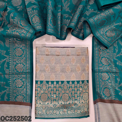 Dark Beige with teal Green benarasi silk cotton unstitched salwar material, rich antique zari weaving all over (Lining Needed) teal green silk cotton Bottom, Benarasi Zari Woven Dual Shaded Dupatta. OC252502