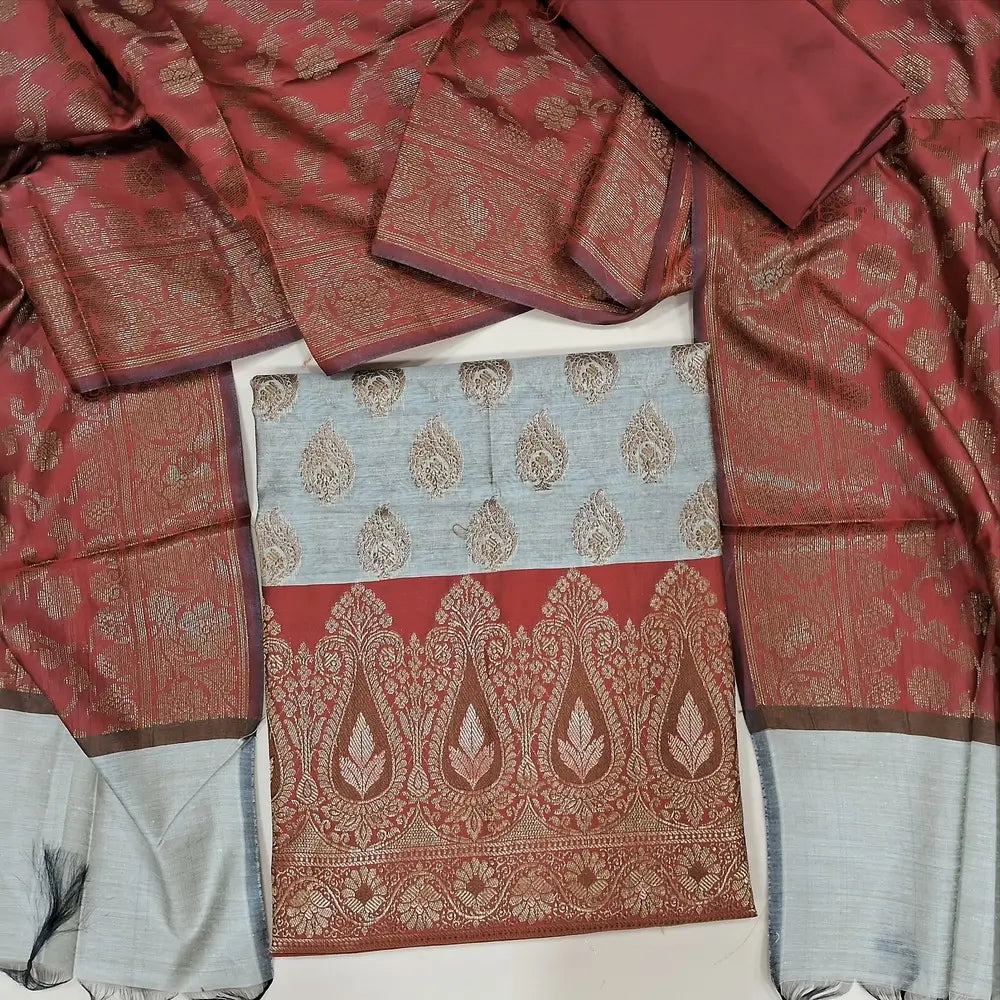 Grey with maroon  benarasi silk cotton unstitched salwar material, rich antique zari weaving all over (Lining Needed) rani pink silk cotton Bottom, Benarasi Zari Woven Dual Shaded Dupatta. OC252515