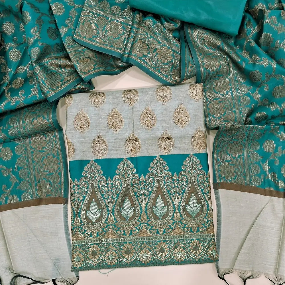 Grey with teal green benarasi silk cotton unstitched salwar material, rich antique zari weaving all over (Lining Needed) rani pink silk cotton Bottom, Benarasi Zari Woven Dual Shaded Dupatta. OC252517