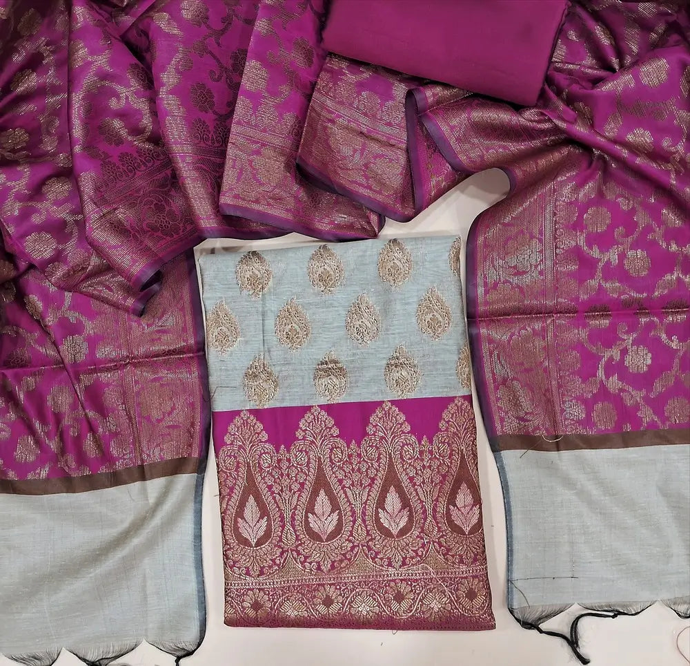 Grey with rai pink benarasi silk cotton unstitched salwar material, rich antique zari weaving all over (Lining Needed) rani pink silk cotton Bottom, Benarasi Zari Woven Dual Shaded Dupatta. OC252518
