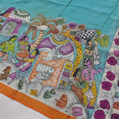 PREORDER : SHIPPING AFTER 12 DAYS Rust Orange premium raw silk unstitched salwar material (textured, Lining Needed) thread woven buttas allover, silver grey silk cotton bottom, original pen kalamkari silk dupatta with zari borders. OC252601