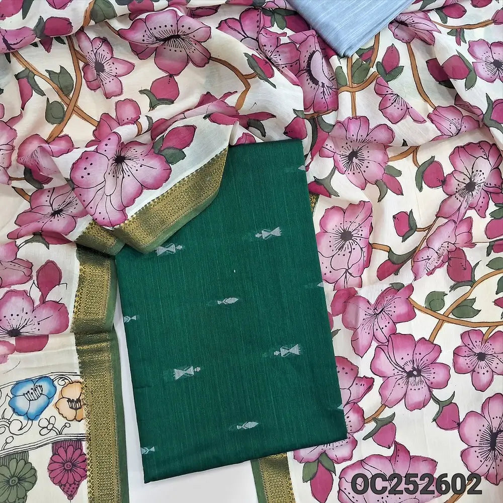 Dark Green premium raw silk unstitched salwar material (textured, Lining Needed) thread woven buttas allover, silver grey silk cotton bottom, original pen kalamkari silk dupatta with zari borders. OC252602