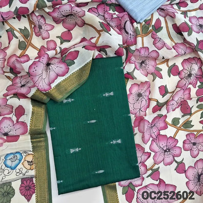 Dark Green premium raw silk unstitched salwar material (textured, Lining Needed) thread woven buttas allover, silver grey silk cotton bottom, original pen kalamkari silk dupatta with zari borders. OC252602