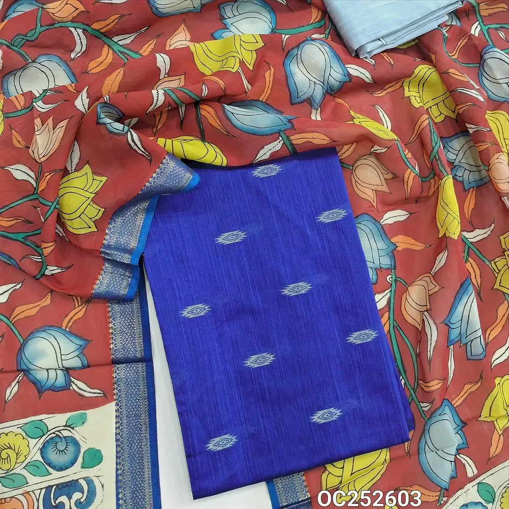 Royal Blue premium raw silk unstitched salwar material (textured, Lining Needed) thread woven buttas allover, silver grey silk cotton bottom, original pen kalamkari silk dupatta with zari borders. OC252603