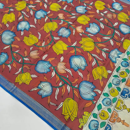 Royal Blue premium raw silk unstitched salwar material (textured, Lining Needed) thread woven buttas allover, silver grey silk cotton bottom, original pen kalamkari silk dupatta with zari borders. OC252603