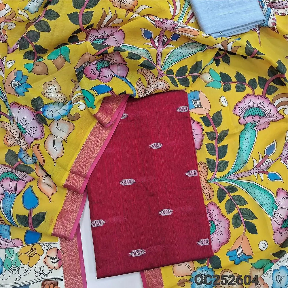 Reddish Maroon  premium raw silk unstitched salwar material (textured, Lining Needed) thread woven buttas allover, silver grey silk cotton bottom, original pen kalamkari silk dupatta with zari borders. OC252604