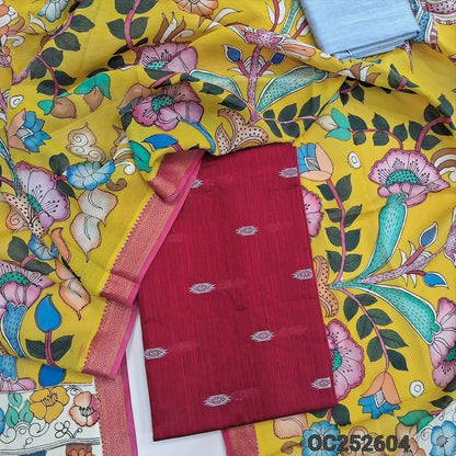 Reddish Maroon  premium raw silk unstitched salwar material (textured, Lining Needed) thread woven buttas allover, silver grey silk cotton bottom, original pen kalamkari silk dupatta with zari borders. OC252604