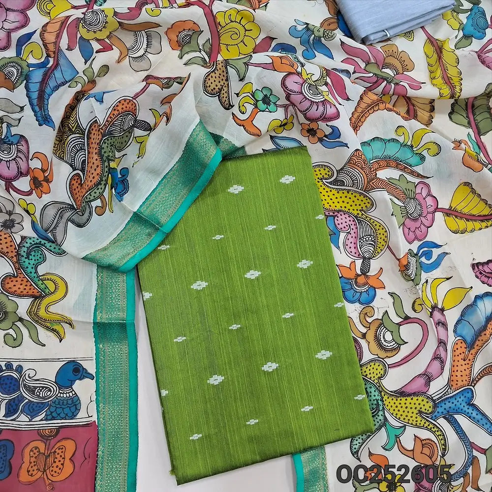 Fresh Green premium raw silk unstitched salwar material (textured, Lining Needed) thread woven buttas allover, silver grey silk cotton bottom, original pen kalamkari silk dupatta with zari borders. OC252605