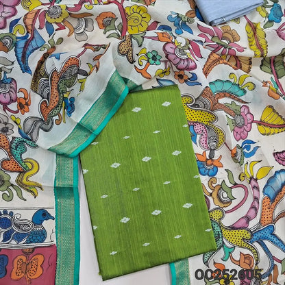 Fresh Green premium raw silk unstitched salwar material (textured, Lining Needed) thread woven buttas allover, silver grey silk cotton bottom, original pen kalamkari silk dupatta with zari borders. OC252605