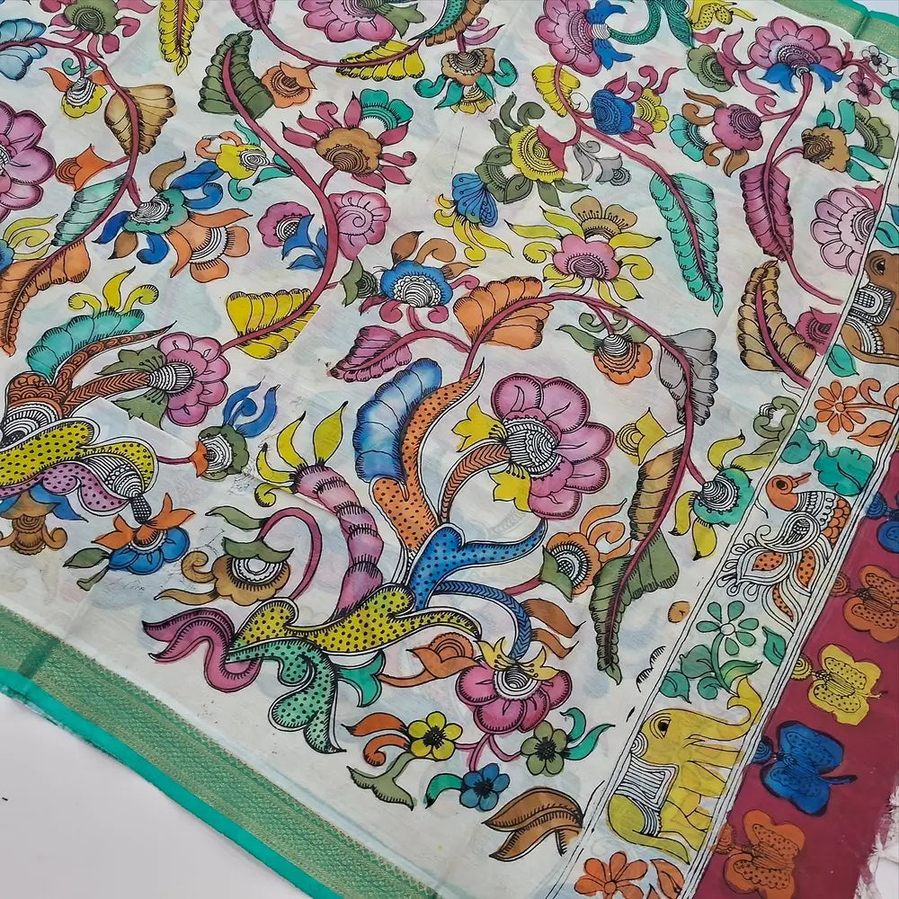 Fresh Green premium raw silk unstitched salwar material (textured, Lining Needed) thread woven buttas allover, silver grey silk cotton bottom, original pen kalamkari silk dupatta with zari borders. OC252605