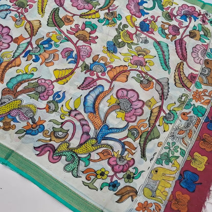 Fresh Green premium raw silk unstitched salwar material (textured, Lining Needed) thread woven buttas allover, silver grey silk cotton bottom, original pen kalamkari silk dupatta with zari borders. OC252605