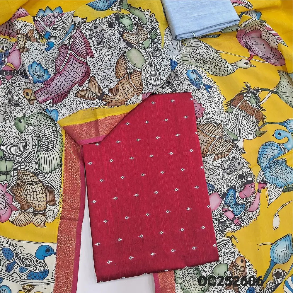 Reddish Maroon premium raw silk unstitched salwar material (textured, Lining Needed) thread woven buttas allover, silver grey silk cotton bottom, original pen kalamkari silk dupatta with zari borders. OC252606
