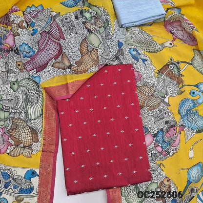 Reddish Maroon premium raw silk unstitched salwar material (textured, Lining Needed) thread woven buttas allover, silver grey silk cotton bottom, original pen kalamkari silk dupatta with zari borders. OC252606