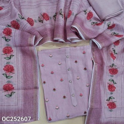 Lavender fancy silk cotton unstitched salwar material (soft, Lining Needed) embroidery work on front, matching santoon bottom, digital floral printed silk cotton dupatta. OC252607