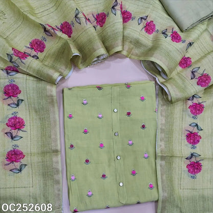 Pastel Green fancy silk cotton unstitched salwar material (soft, Lining Needed) embroidery work on front, matching santoon bottom, digital floral printed silk cotton dupatta. OC252608