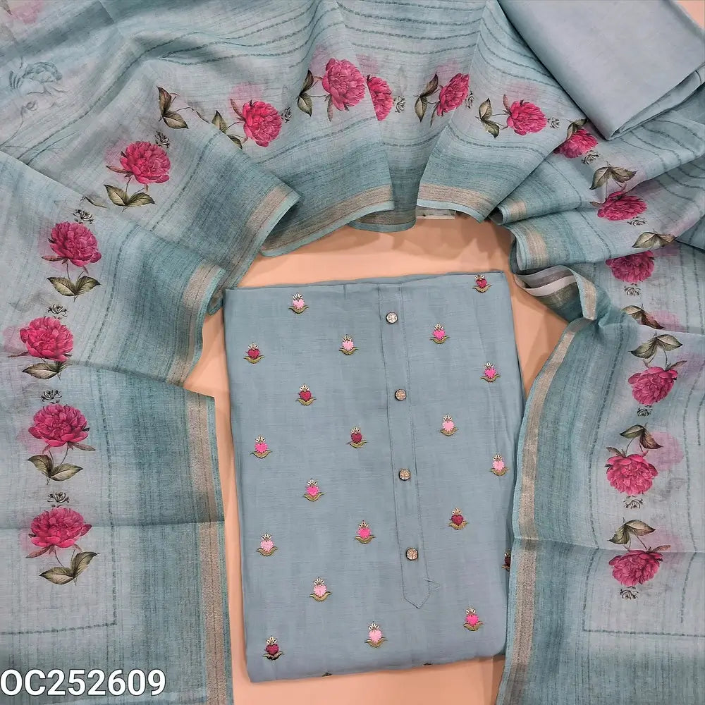 Powder Blue fancy silk cotton unstitched salwar material (soft, Lining Needed) embroidery work on front, matching santoon bottom, digital floral printed silk cotton dupatta. OC252609