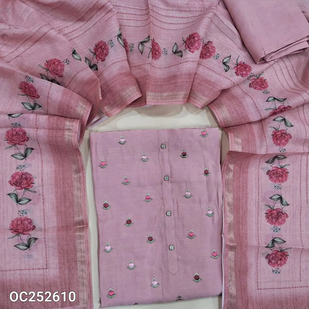 Pastel Pink fancy silk cotton unstitched salwar material (soft, Lining Needed) embroidery work on front, matching santoon bottom, digital floral printed silk cotton dupatta. OC252610