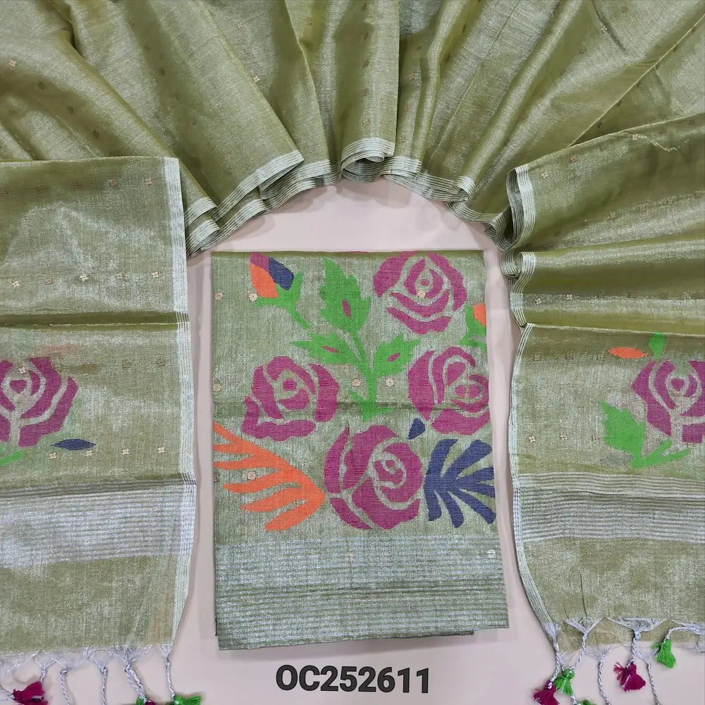 Pastel Green premium tissue linen jamdani woven unstitched salwar material, Sequins woven along with the fabric (Textured, Lining Needed) NO BOTTOM, Jamdani woven full length dupatta. OC252611