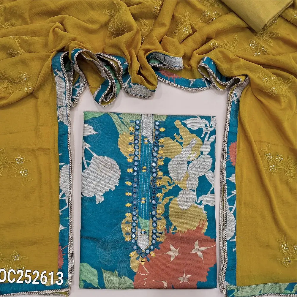 Floral printed Teal Blue tissue silk cotton unstitched salwar material, (Lining Needed)real mirror & zari lines on yoke, mehandhi yellow silk cotton bottom, fancy chiffon dupatta with thread and sequence. OC252614