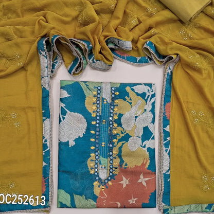 Floral printed Teal Blue tissue silk cotton unstitched salwar material, (Lining Needed)real mirror & zari lines on yoke, mehandhi yellow silk cotton bottom, fancy chiffon dupatta with thread and sequence. OC252614
