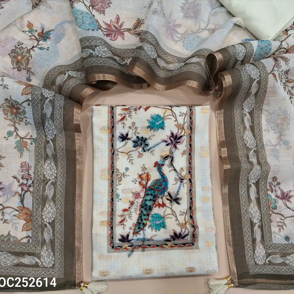 Digital printed Half white kota silk cotton unstitched salwar material, (Lining Needed) hand embroidery work on yoke & front, zari buttas allover, matching santoon bottom, digital printed premium super net dupatta. OC252613
