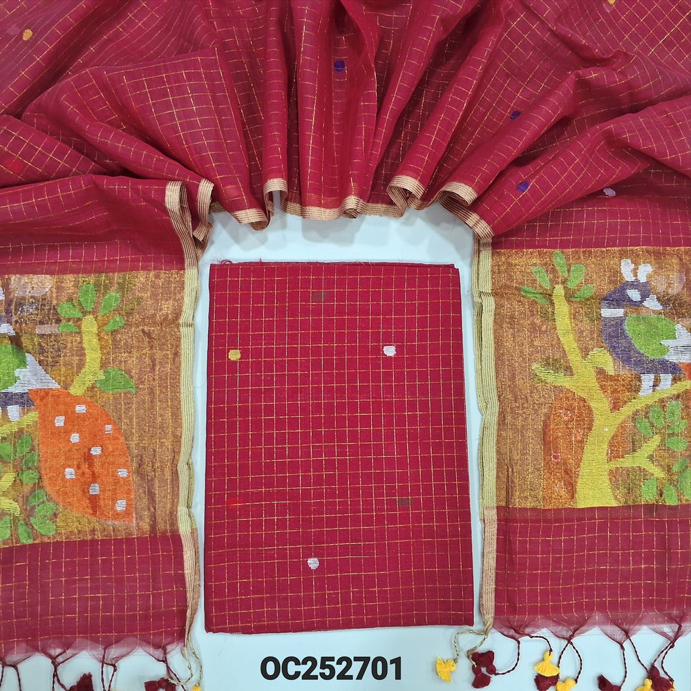 Reddish Maroon designer muslin jamdani unstitched salwar material, hand woven design& zari checks all over(thin, lining needed)NO BOTTOM, muslin jamdani full length dupatta with zari checks& rich paithani weaning pallu. OC252701