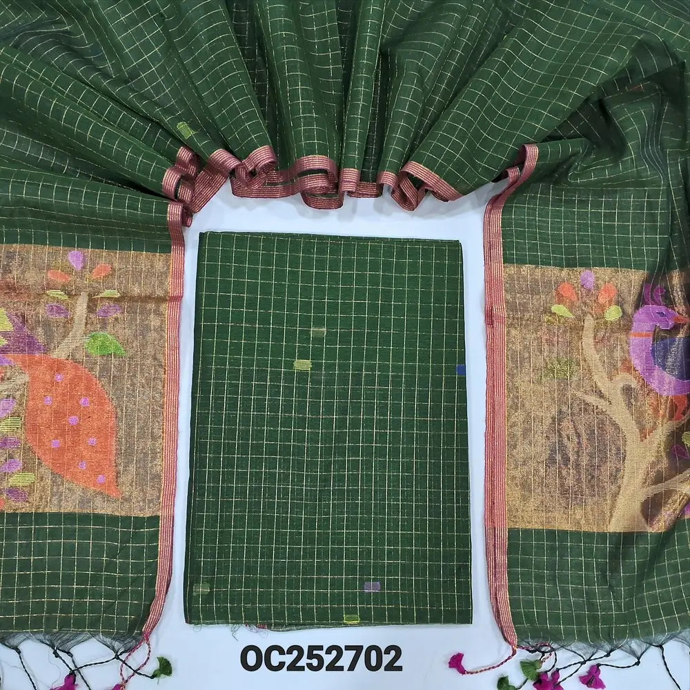 Dark Green designer muslin jamdani unstitched salwar material, hand woven design& zari checks all over(thin, lining needed)NO BOTTOM, muslin jamdani full length dupatta with zari checks& rich paithani weaning pallu. OC252702