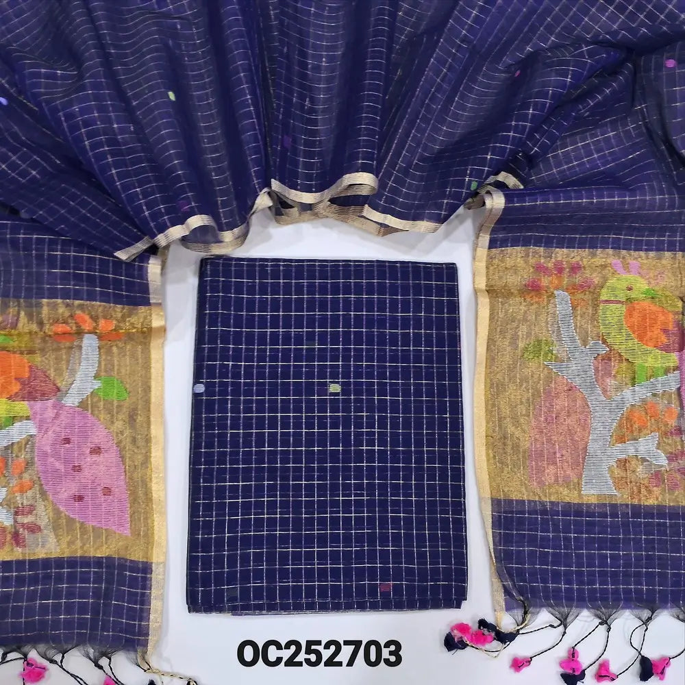 Dark Blue designer muslin jamdani unstitched salwar material, hand woven design& zari checks all over(thin, lining needed)NO BOTTOM, muslin jamdani full length dupatta with zari checks& rich paithani weaning pallu. OC252703