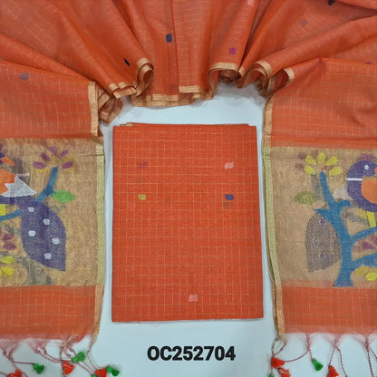 Bright Orange designer muslin jamdani unstitched salwar material, hand woven design& zari checks all over(thin, lining needed)NO BOTTOM, muslin jamdani full length dupatta with zari checks& rich paithani weaning pallu. OC252704