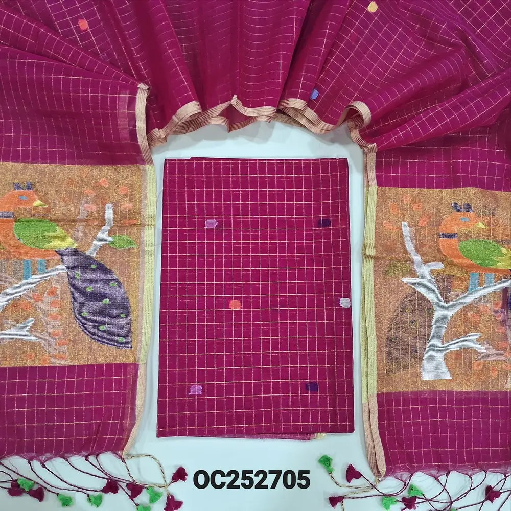 Rani Pink designer muslin jamdani unstitched salwar material, hand woven design& zari checks all over(thin, lining needed)NO BOTTOM, muslin jamdani full length dupatta with zari checks& rich paithani weaning pallu. OC252705