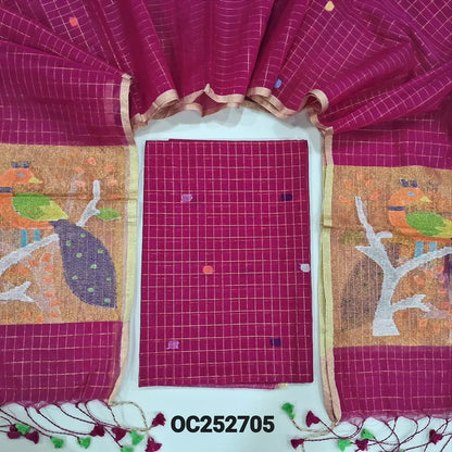 Rani Pink designer muslin jamdani unstitched salwar material, hand woven design& zari checks all over(thin, lining needed)NO BOTTOM, muslin jamdani full length dupatta with zari checks& rich paithani weaning pallu. OC252705