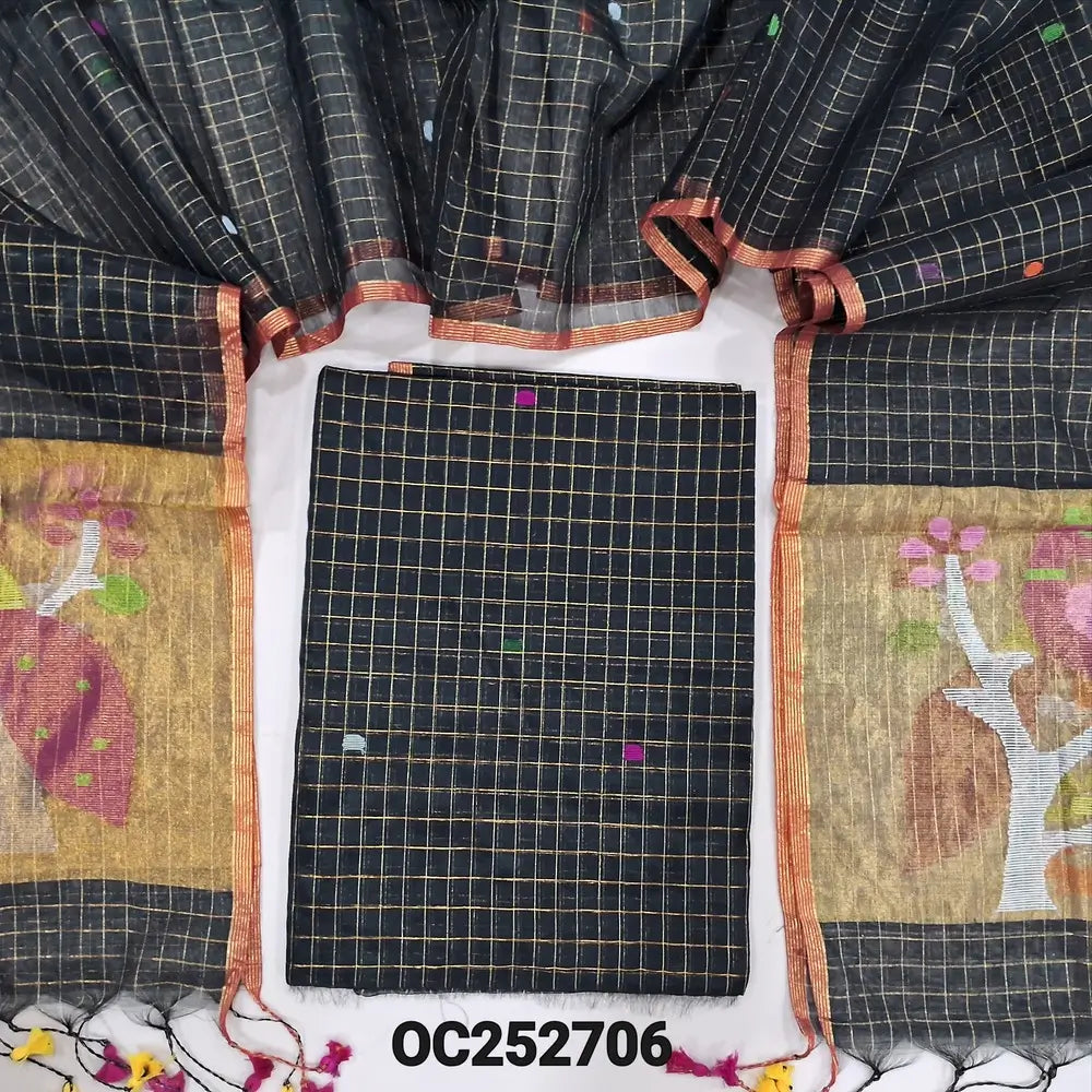 PREORDER : SHIPPING AFTER 1 WEEK Black designer muslin jamdani unstitched salwar material, hand woven design& zari checks all over(thin, lining needed)NO BOTTOM, muslin jamdani full length dupatta with zari checks& rich paithani weaning pallu. OC252706